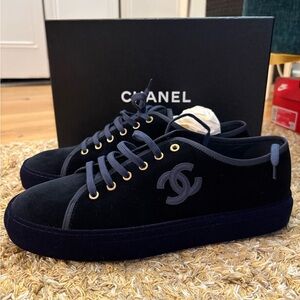 CHANEL Navy Velvet Sneakers with Gold Accents